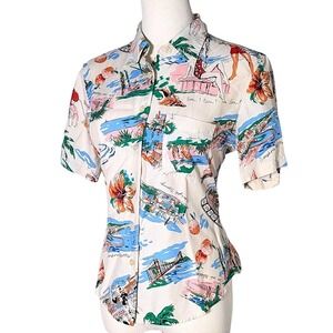 Vintage Colorful Rayon Novelty Pin Up Hollywood Postcard Print Button Down Shirt